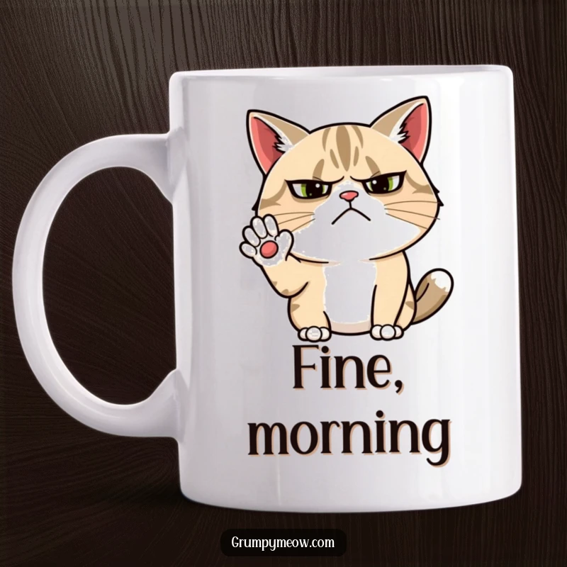 Funny grumpy cat mug featuring a cat with a furrowed brow attempting a half-hearted, unimpressed wave, full of relatable disdain.