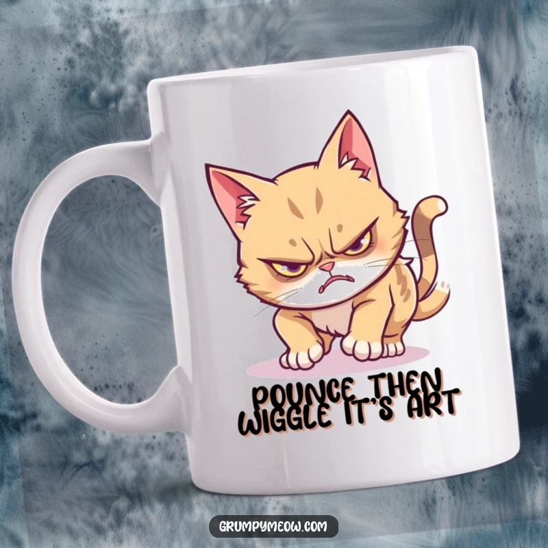 Funny grumpy cat mug showcasing a stealthy pounce attempt ending in a comical wiggle, perfect for cat lovers who appreciate humor.