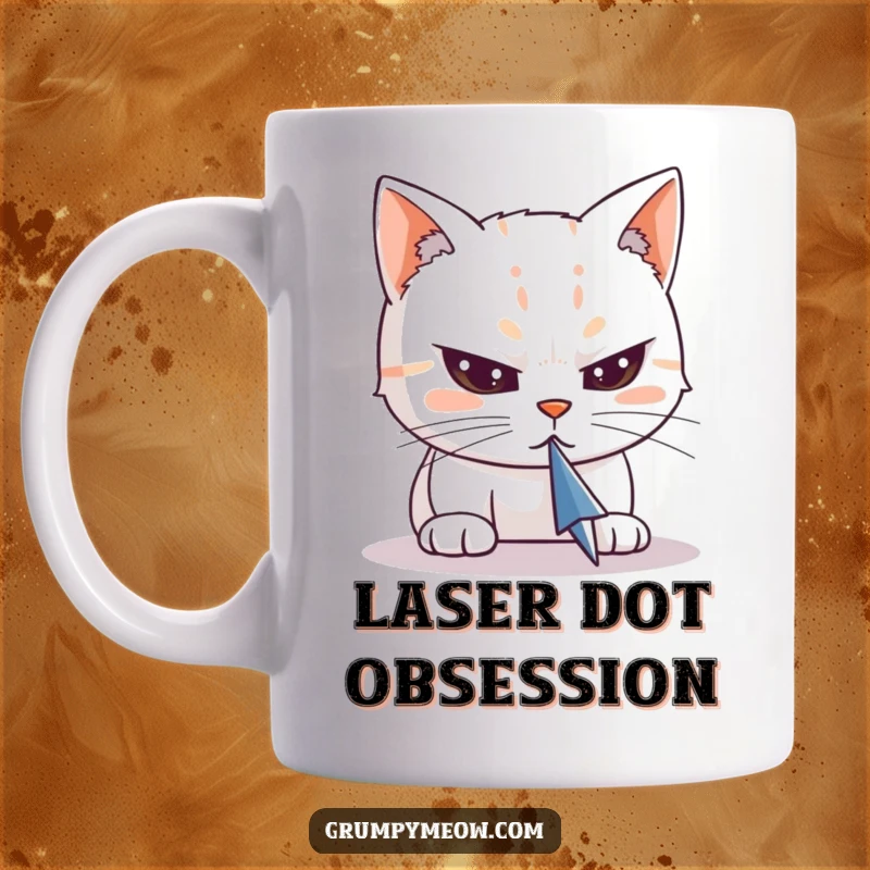 Funny mug showing a cat with narrowed, focused eyes intently staring at a computer mouse cursor, symbolizing feline concentration and digital obsession.