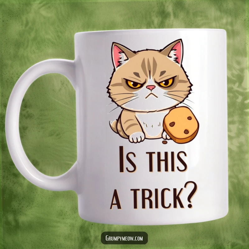 Funny mug featuring a grumpy cat with narrowed eyes, suspiciously eyeing a tempting treat, conveying cautious desire.