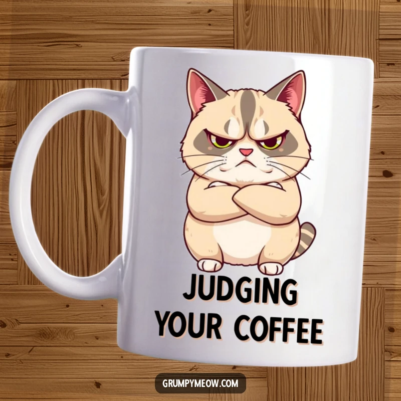 Funny mug showing a grumpy cat with arms crossed, looking thoroughly unimpressed, embodying relatable feline displeasure and sass.