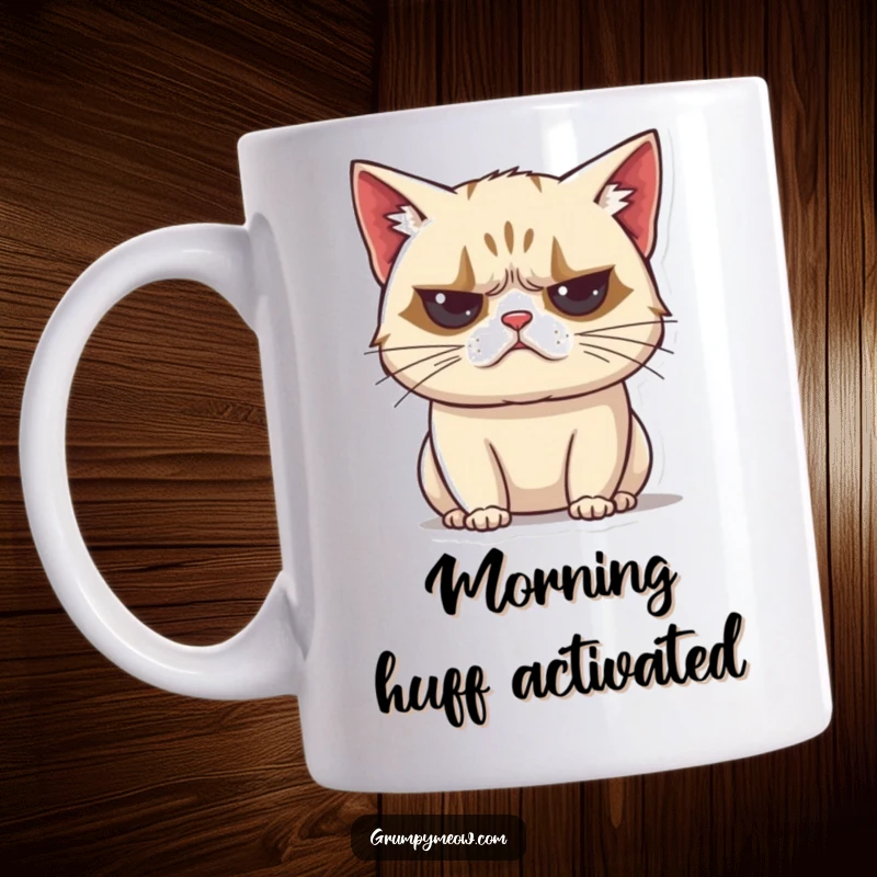 Funny grumpy cat mug, exhaling air, unimpressed huff sound, feline disapproval, sarcastic expression, pet owner gift.