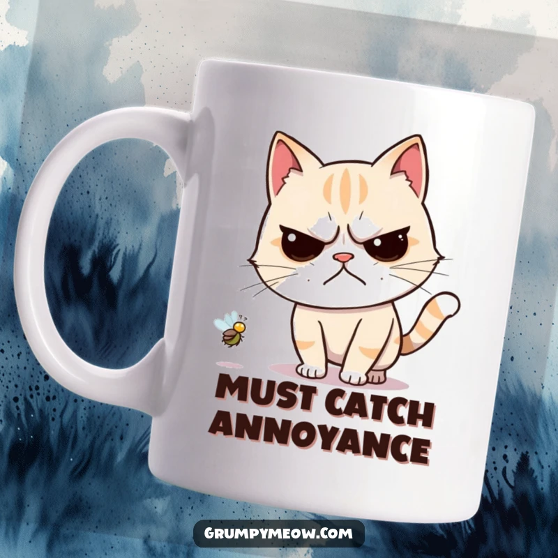 Funny mug with a grumpy cat reluctantly chasing a small, buzzing fly with a look of forced effort.