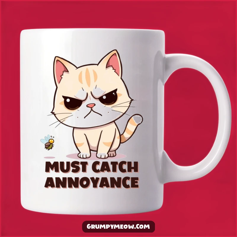 Funny Grumpy Cat Chasing Fly Mug - Reluctant Hunter Humorous Gift