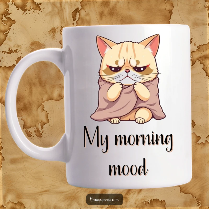 Funny mug featuring a grumpy cat wrapped in a blanket, sighing dramatically, conveying peak feline dissatisfaction and cozy annoyance.