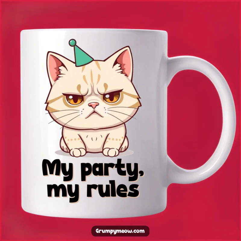 Funny Disgruntled Cat Party Hat Mug - Grumpy Celebration Gift
