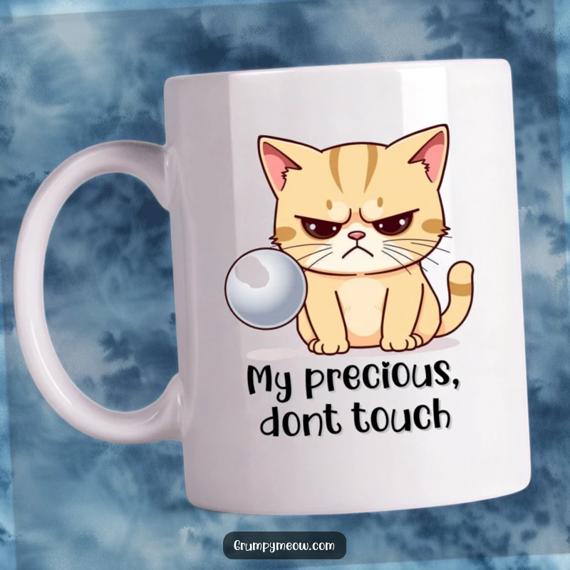 Funny mug with a grumpy cat narrowing its eyes in disapproval at a shiny ball, showcasing its disdain.