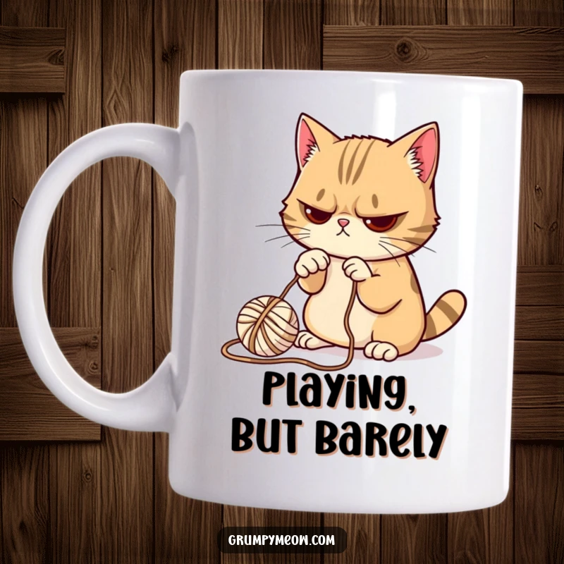 Funny Grumpy Cat Mug: A scowling cat reluctantly batting at a small ball of yarn with its paw.
