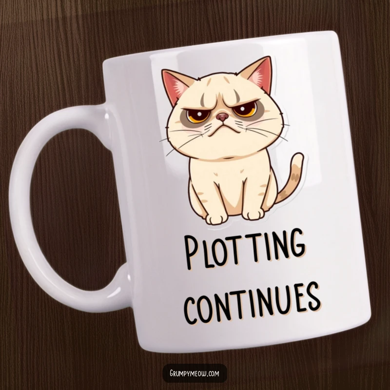 Funny grumpy cat mug illustrating a cat with a tiny, almost imperceptible tail twitch, showing subtle annoyance.