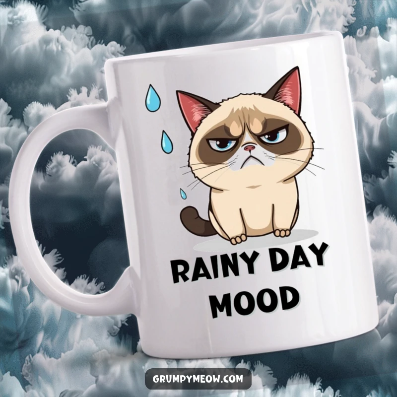 Funny grumpy cat narrowly dodging a falling raindrop with an annoyed sigh, perfect for rainy days, a hilarious funny gift.