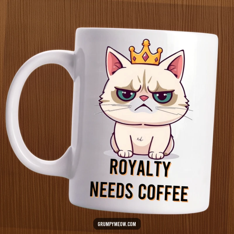 Funny mug with a grumpy cat wearing a tiny crown, sighing resignedly, depicting reluctant majesty and weary rule.