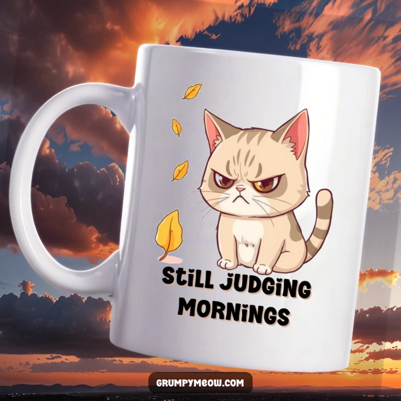 Funny Grumpy Cat Mug: A scowling cat with narrowed, curious eyes intently watching a single falling autumn leaf.