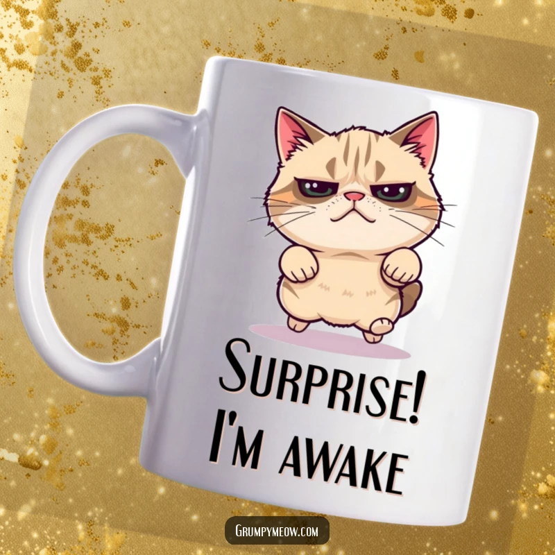 Funny grumpy cat mug, mid-leap with surprising energy, looking determined, a perfect gift for cat lovers.