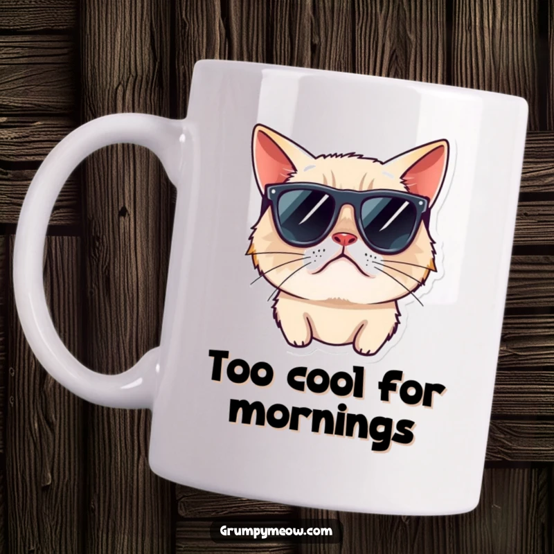 Funny grumpy cat mug wearing sunglasses, looking away rudely, exuding hilarious cool disdain and aloofness.