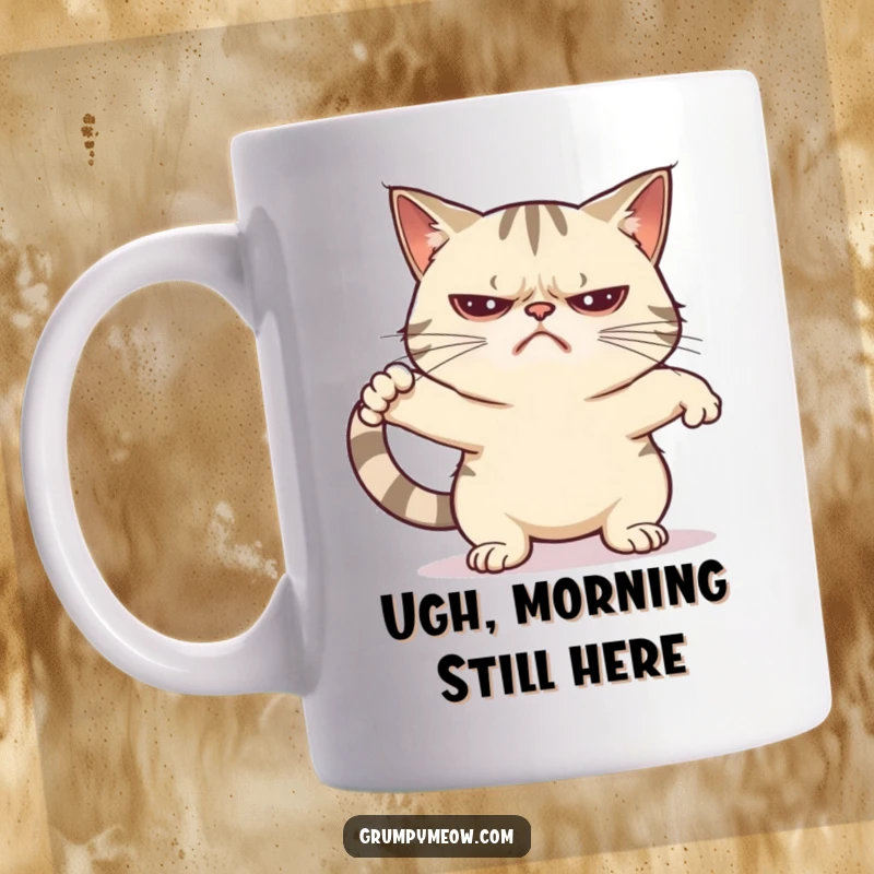 Funny grumpy cat mug showing a feline attempting a low-energy, unenthusiastic stretch, radiating relatable morning grumbles.