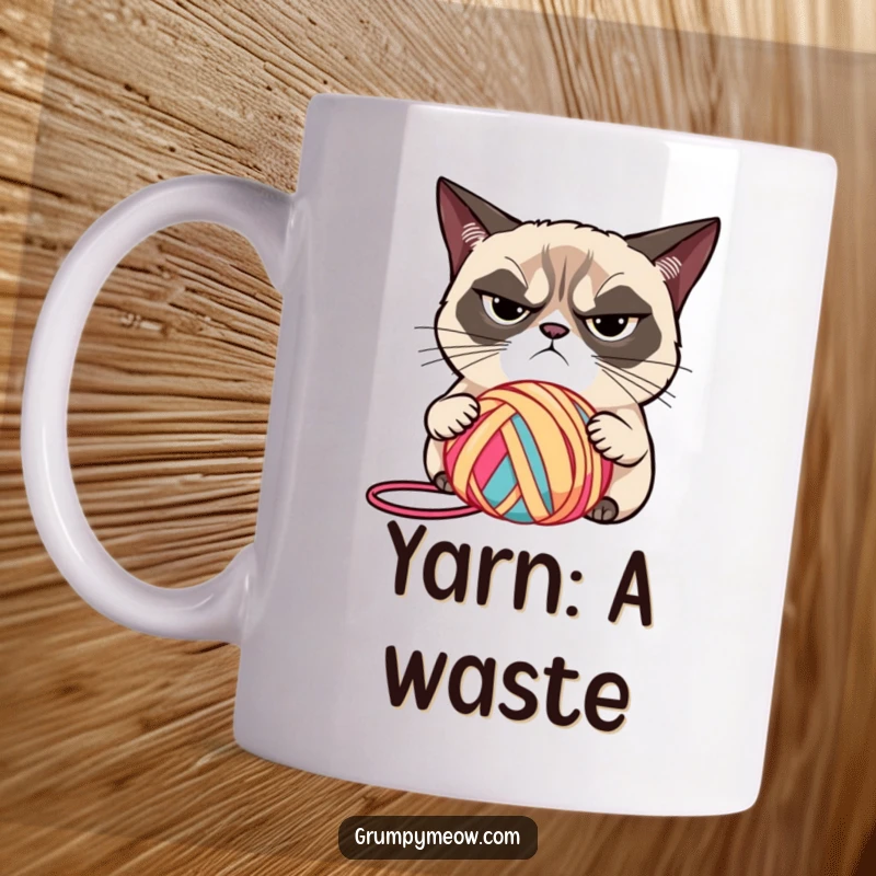 Funny grumpy cat with narrowed eyes, judging a brightly colored ball of yarn, perfect for craft lovers, a hilarious funny gift.
