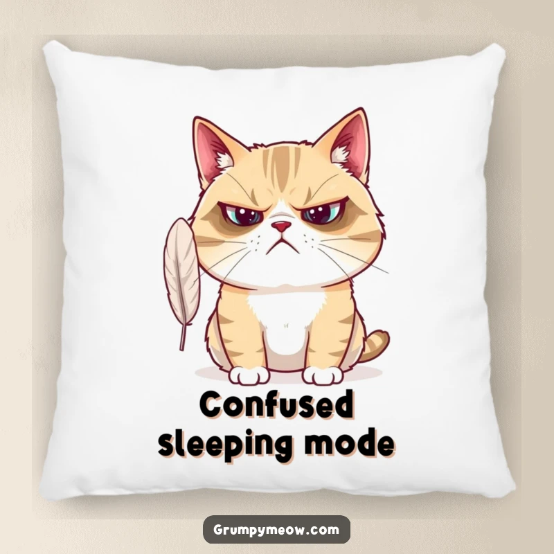 Funny Grumpy Cat Pillow: A grumpy cat looks bewildered by a feather, offering soft comfort and confused vibes.