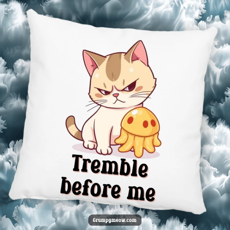 Funny pillow with a grumpy cat arching its back and hissing at a wobbling jelly, perfect for decor.