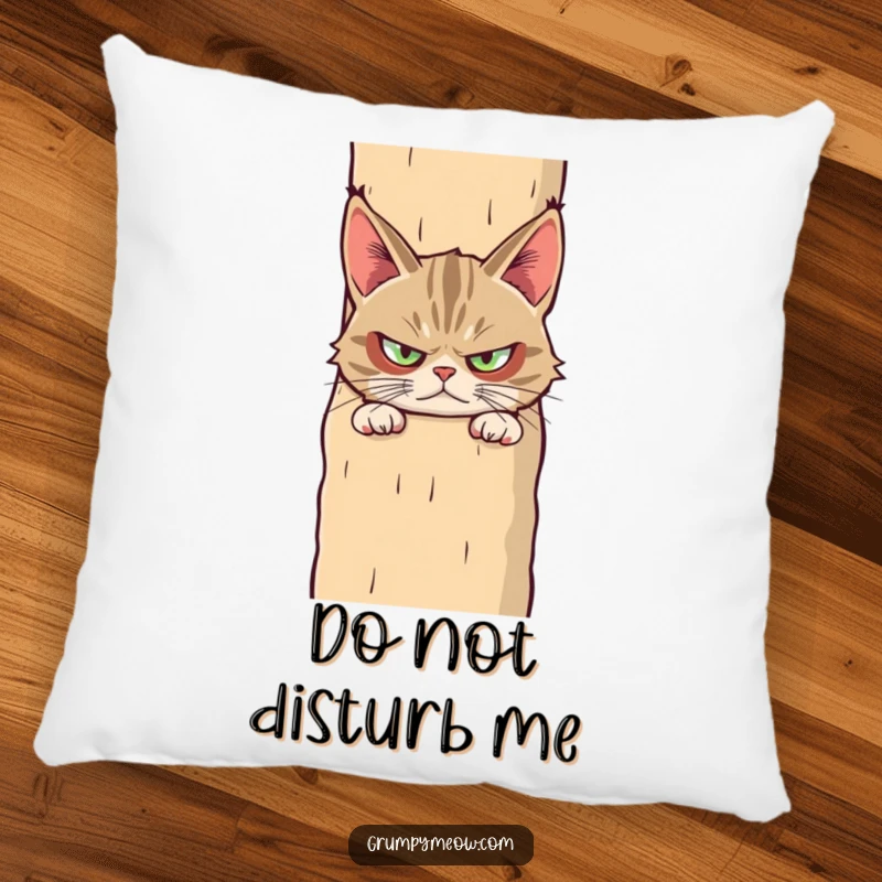 Funny pillow featuring a grumpy cat peeking with suspicion from behind its giant scratching post, soft and humorous.