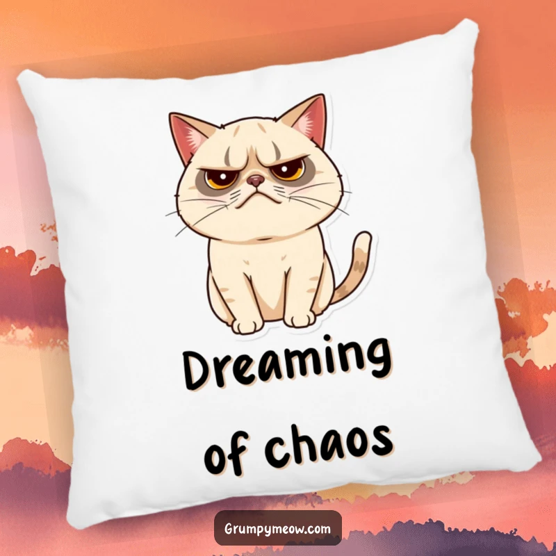 Funny grumpy cat pillow showing a cat with a tiny, almost imperceptible tail twitch, adding gentle humor to decor.