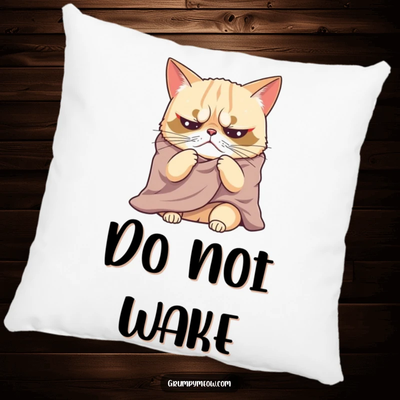 Funny decorative pillow with a grumpy cat sighing dramatically under a blanket, bringing humorous coziness and relatable feline moodiness.