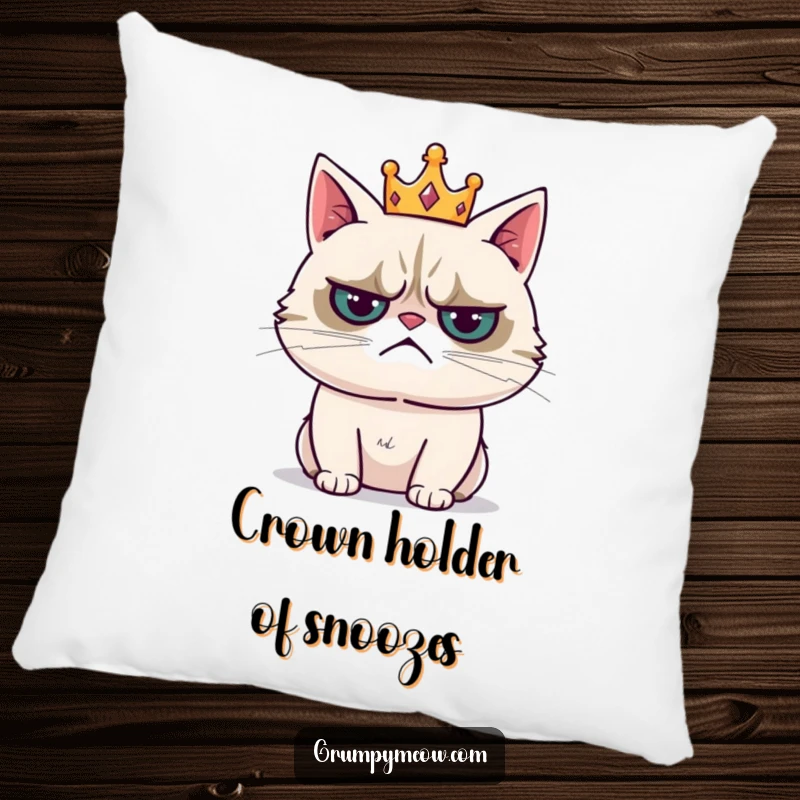 Funny pillow depicting a grumpy cat wearing a tiny crown and sighing resignedly, soft and full of regal humor.