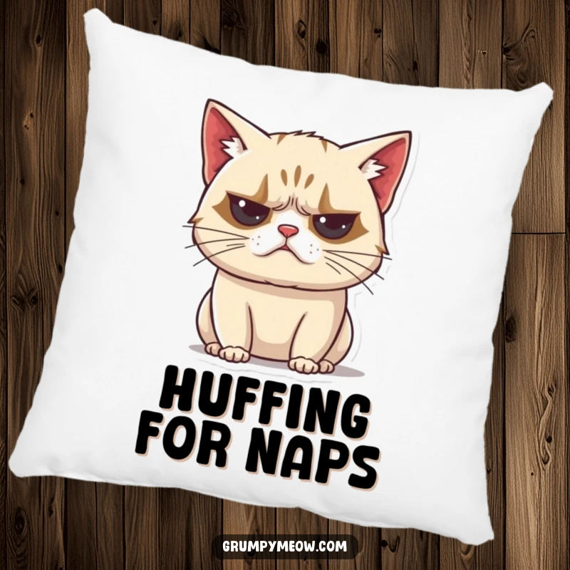 Funny grumpy cat pillow, unimpressed huff sound, exhaling, vocal disapproval, soft comfort, humorous home decor, gift.