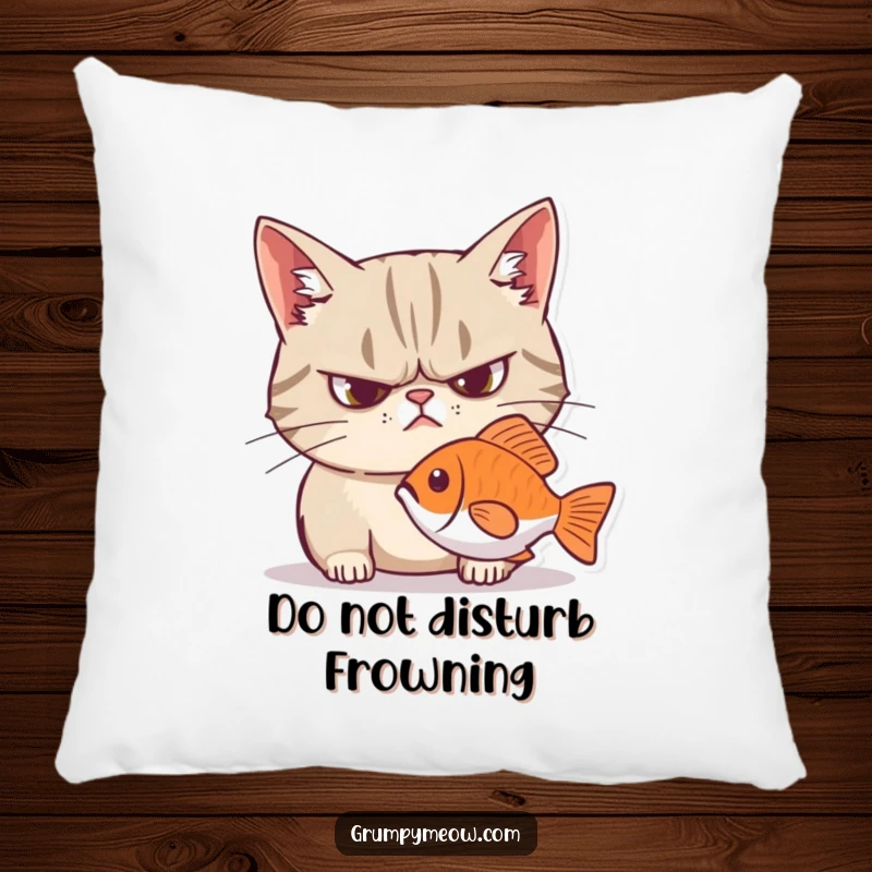 Funny grumpy cat pillow, frowning, intense stare at fish, a humorous and comfortable addition to any room.