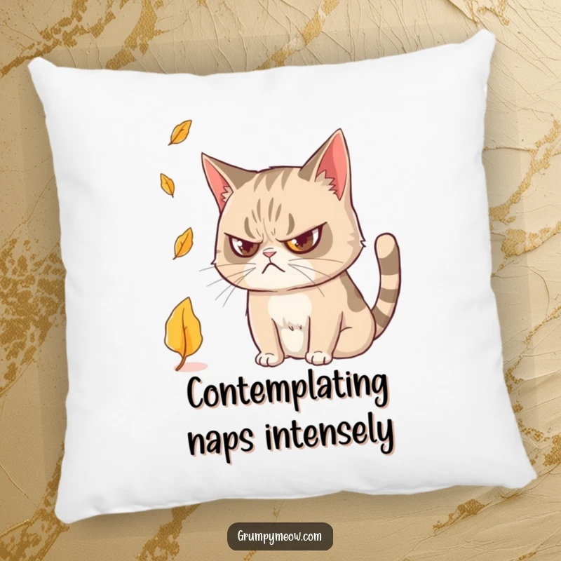 Funny Grumpy Cat Pillow: Soft and decorative, showing a grumpy cat observing a falling leaf with intense concentration.