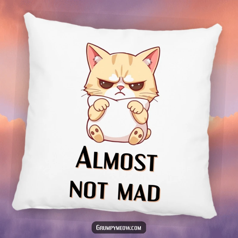 Funny grumpy cat pillow showing a cat with crossed paws, looking slightly mollified by the softness of the pillow itself.