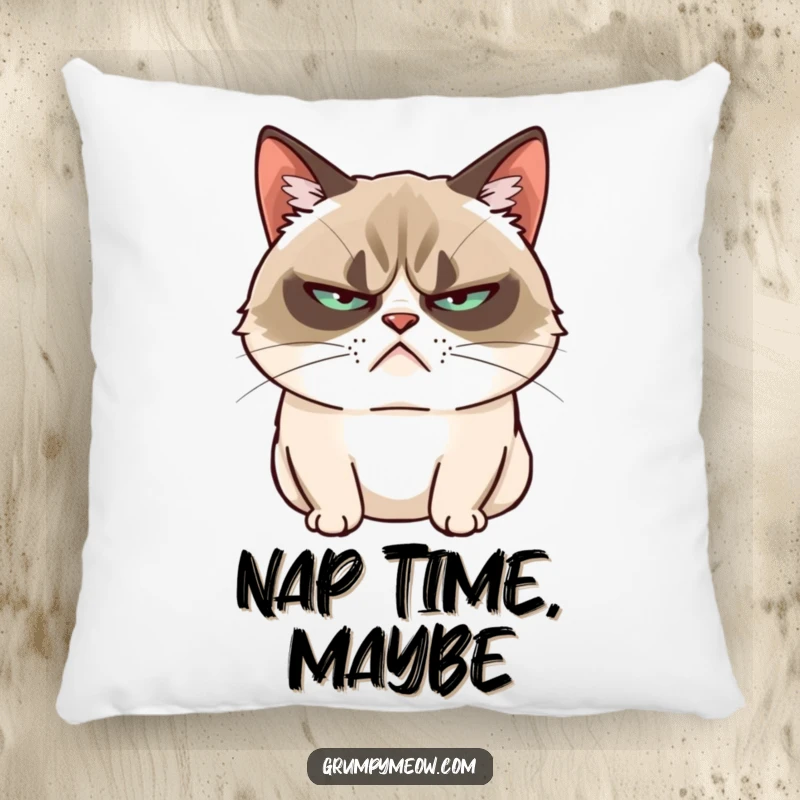 Funny Grumpy Cat Pillow: A grumpy cat slowly blinks, offering soft comfort with an unimpressed and sarcastic vibe.