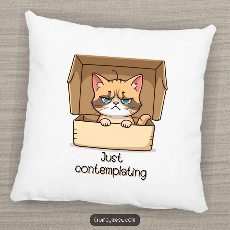Funny pillow featuring a grumpy cat sitting in a box, its whisker twitching with a hint of contemplation, a soft and humorous decor item.