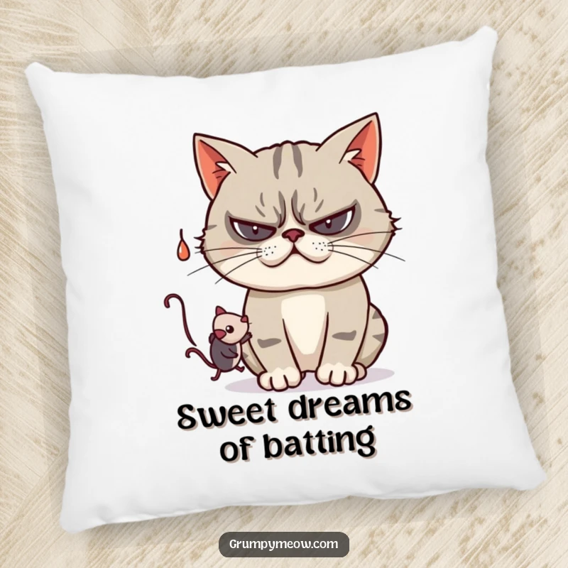 Funny pillow depicting a grumpy cat playfully swatting at a dangling toy mouse, soft and full of humorous charm.