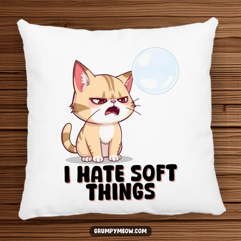 Funny grumpy cat pillow, attempting to swat a soap bubble, embodying playful effort, a comfortable and funny gift.