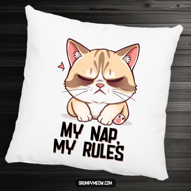 Funny grumpy cat pillow, trying to sleep, playfully disturbed, annoyed, soft comfort, humorous home decor, gift.