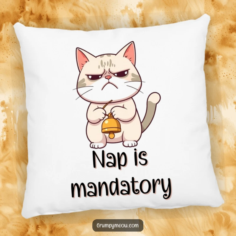 Funny pillow featuring a grumpy cat reluctantly playing with a dangling bell, offering cozy comfort and a dose of relatable feline attitude.