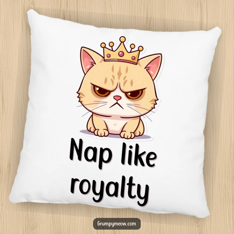 Funny decorative pillow with a grumpy cat wearing a tiny crown, looking annoyed, adding humorous feline royalty and displeasure to decor.