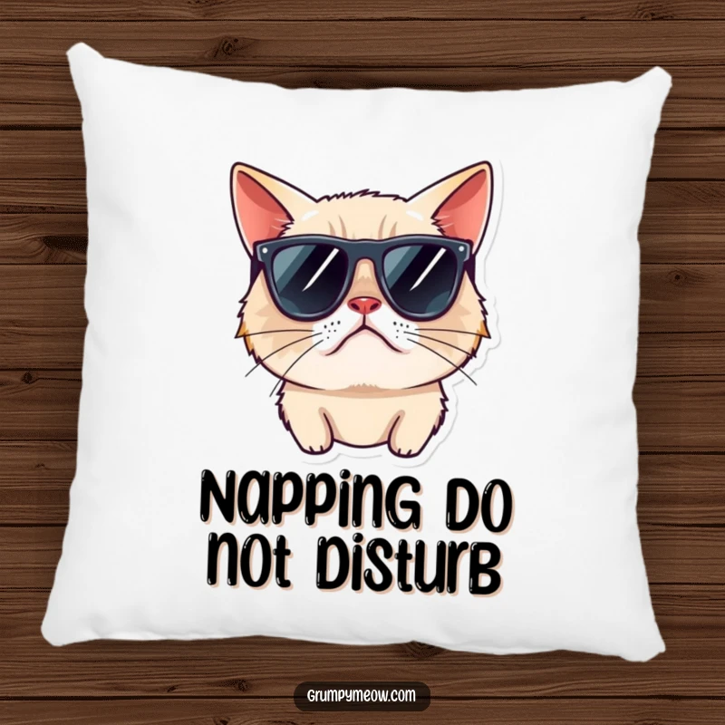 Funny grumpy cat pillow, wearing sunglasses, looking away rudely, a humorous and comfortable addition to any sofa.
