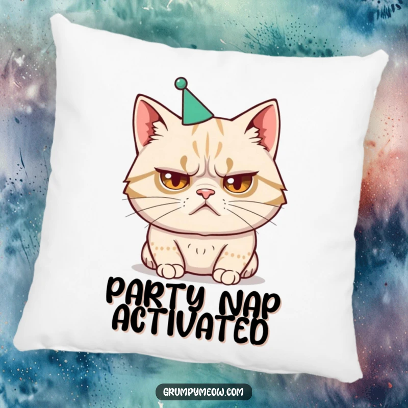 Funny pillow with a disgruntled cat wearing a tiny, ill-fitting party hat, perfect for humorous decor.