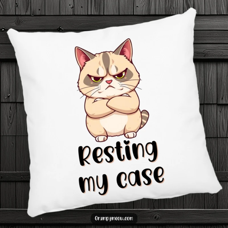 Funny decorative pillow with a grumpy cat arms crossed, looking unimpressed, adding humorous feline sass and unimpressed vibes to decor.