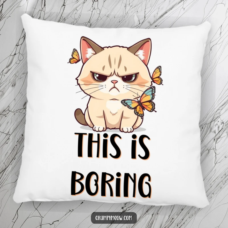 Funny grumpy cat pillow, with a skeptical frown, observing a butterfly, a comfortable and funny gift.