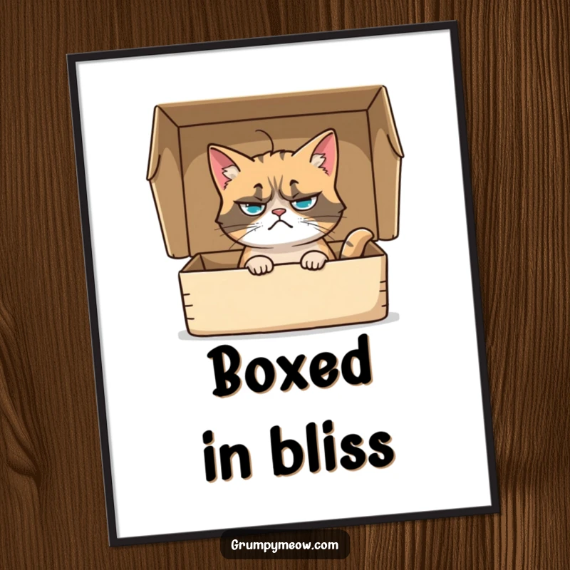 Funny digital art print of a grumpy cat sitting in a box, its whisker twitching curiously, great for humorous digital display.
