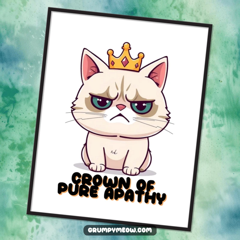Funny digital art print: a grumpy cat wearing a tiny crown and sighing resignedly, full of regal humor and weary charm.