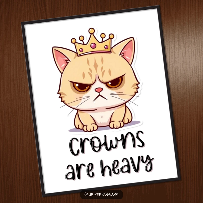 Funny digital art print of a grumpy cat wearing a tiny crown, looking annoyed, offering instant, humorous, and regal feline wall decor.