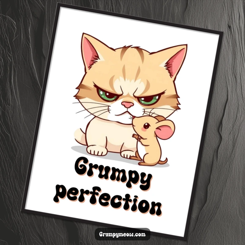 Funny digital art print of a grumpy cat curiously poking a toy mouse, conveying a humorous and relatable feline moment.