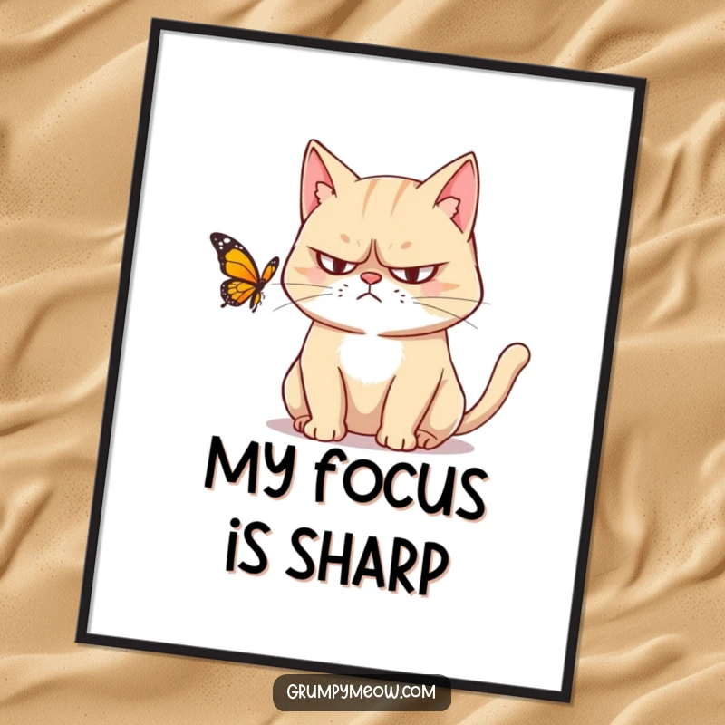Funny digital art print of a grumpy cat with narrowed eyes observing a butterfly, ideal for humorous, downloadable wall decor.