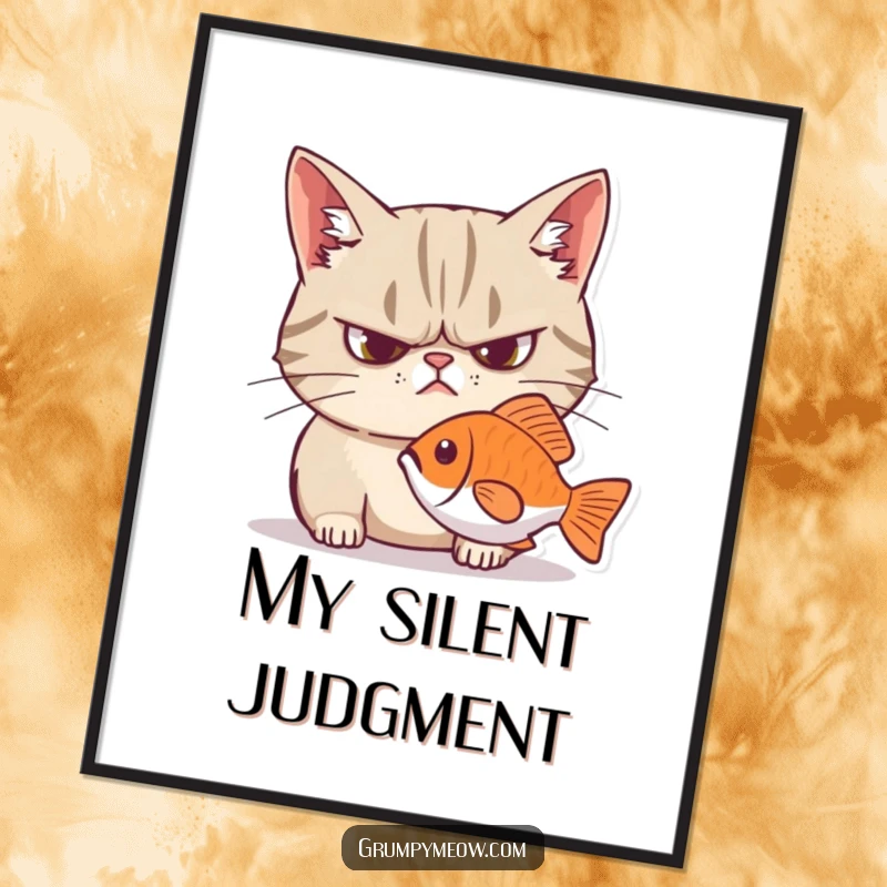 Funny grumpy cat digital art print, frown, intense stare at fish, a humorous and downloadable piece for instant decor.