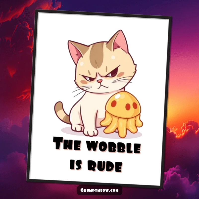Funny digital art print of a grumpy cat arching its back and hissing at a wobbling jelly, perfect for decor.