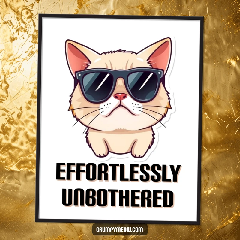 Funny grumpy cat digital art print, wearing sunglasses, looking away rudely, a humorous and downloadable piece for instant cool decor.