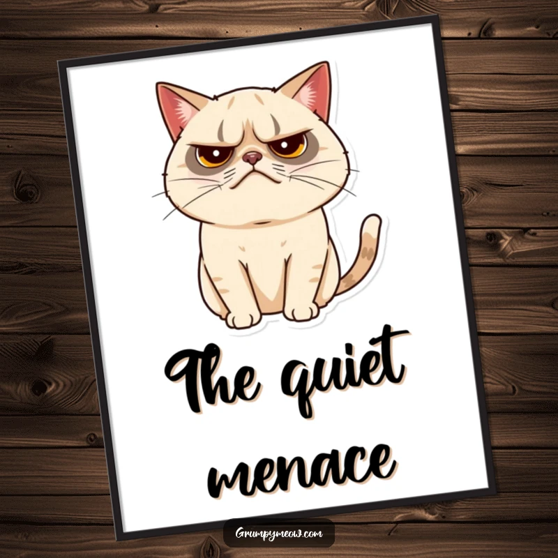 Funny grumpy cat digital art print showing a cat with a tiny, almost imperceptible tail twitch, ready for framing.